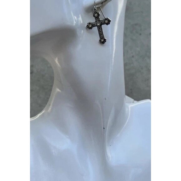 Vintage Cross Silver Tone Hook Religious Cross Dangle White Stone Earrings 1” - Picture 15 of 16